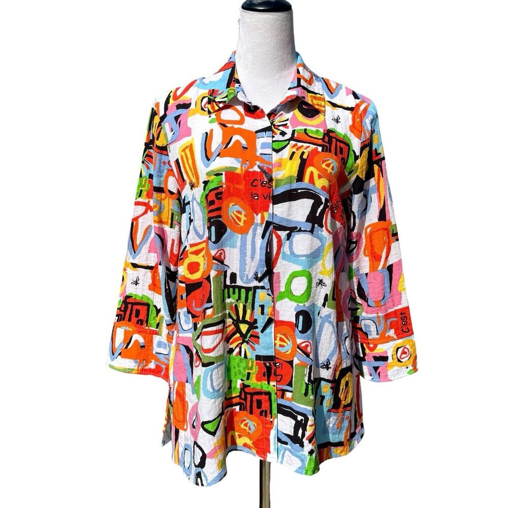 Ali Miles Button Up Tunic Top Small Maximalist Abstract C'Est La Vie Pockets Zip